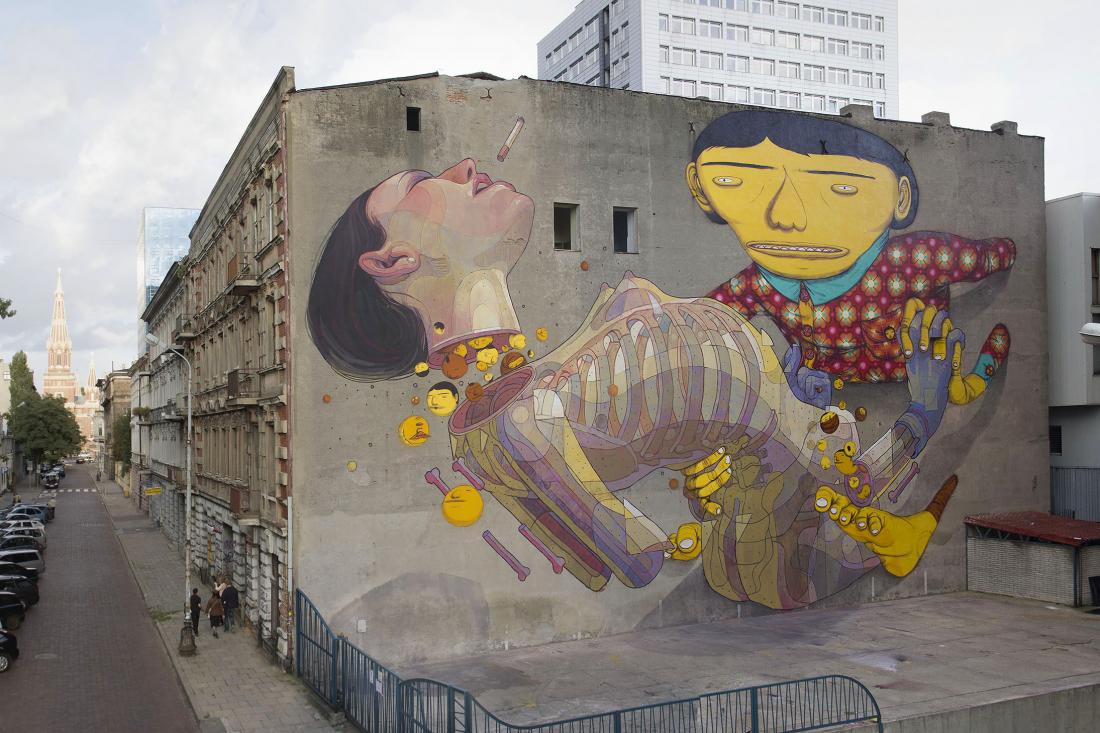14 Galeria Urban Art Forms in Lodz, Poland. By Os Gemeos and Aryz